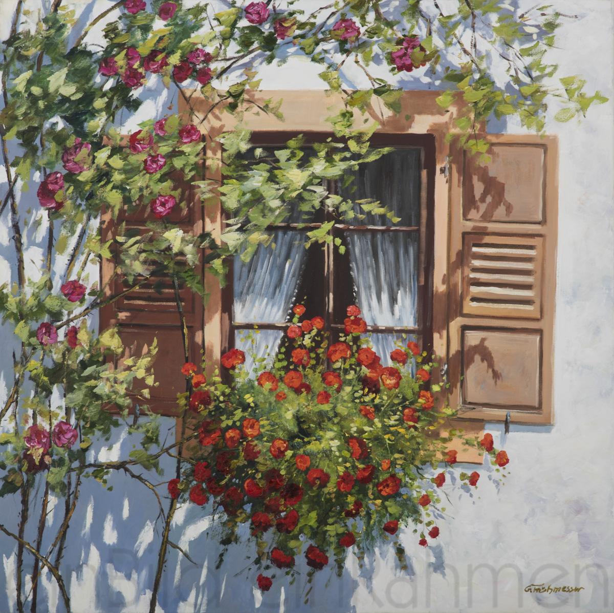 Rosen am Fenster guenther fruehmesser Öl auf Leinwand von der gallerie EinBild EinRahmen